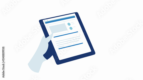 Hand holding a tablet device displaying a user interface with charts and text information shown here