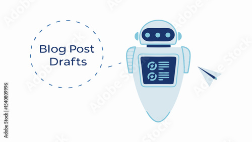 Illustration of a friendly robot with a screen displaying text alongside a paper airplane and blog drafts