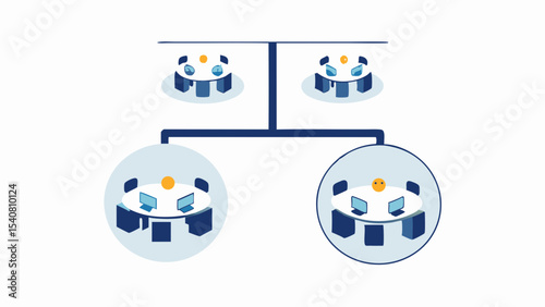 Illustration of a network diagram showing hierarchical connections between round tables and computers