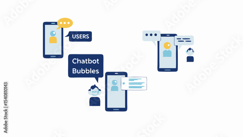 Illustration of chatbots on mobile phones with speech bubbles and user interactions shown clearly