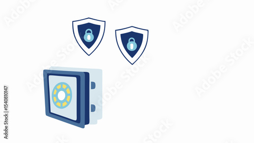 Illustration of a safe with a dial and two shields with padlocks representing security and protection