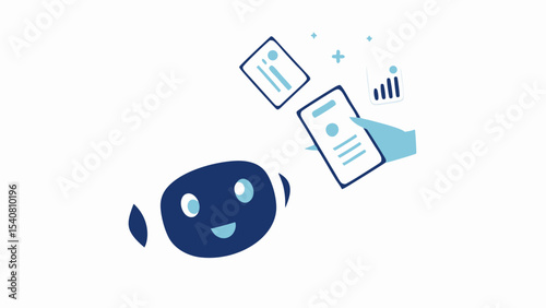 Illustration of a friendly robot with floating cards and a hand holding a document icon