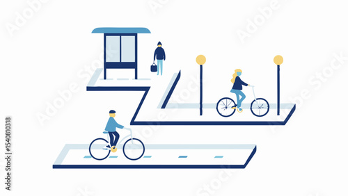 Isometric view of people cycling, walking, and waiting at a bus stop on a tiered landscape design