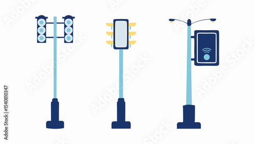 Illustration of three traffic lights with different designs on individual light blue poles set apart