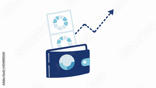 Wallet with charts and upward trending arrow representing financial growth and investment success