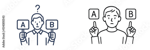 Two individuals debating choices while holding signs labeled A and B in a simple, minimalist style
