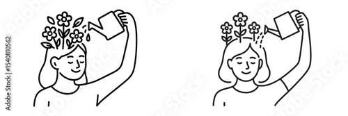 Woman watering flowers growing from her head in a symbolic illustration of nurturing creativity and growth