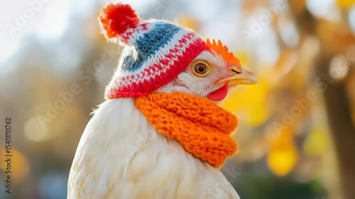 Chicken in Winter Hat with Autumn Park.