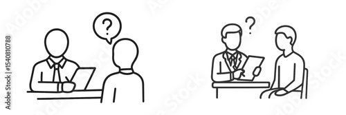Two business professionals engaged in a discussion during an interview setting with question marks indicating uncertainty