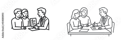 Discussion between a lawyer and couple regarding contract details in an office setting
