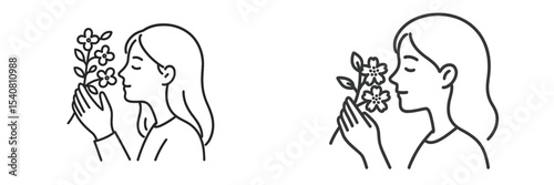 Women enjoying the fragrance of flowers with joy and serenity in a calm and peaceful setting
