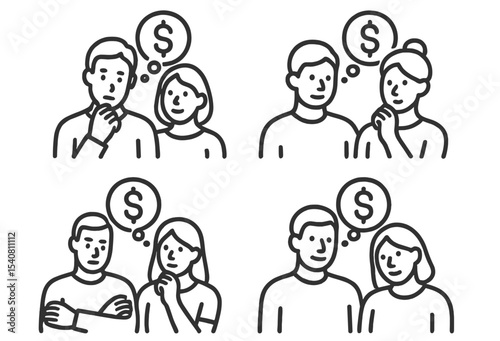 Conversations about money and choices among couples in simple line art illustrations