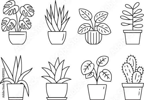 Set of minimalist potted houseplants line art icons