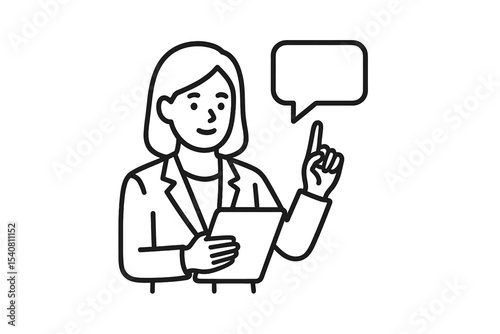Businesswoman presenting ideas with tablet and speech bubble during meeting at modern office setting in daylight