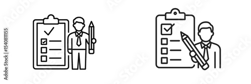 Business professional checking off tasks on a clipboard during a project review meeting in an office setting