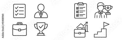 Icons representing various aspects of achievement and professionalism in a workplace context, suitable for business presentations or career guidance