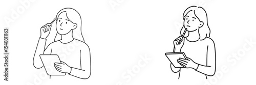 Two women engaged in thoughtful reflection while using tablets in a minimalist indoor setting
