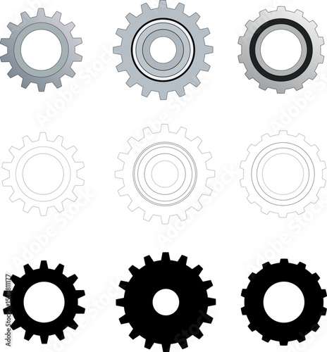 Vector set of gear icons. Realistic, black and white and black. Group of gears. Collection of gear designs on transparent background.