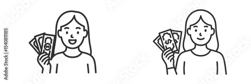 Women displaying cash while smiling, conveying happiness and financial success in a simple, minimalist style