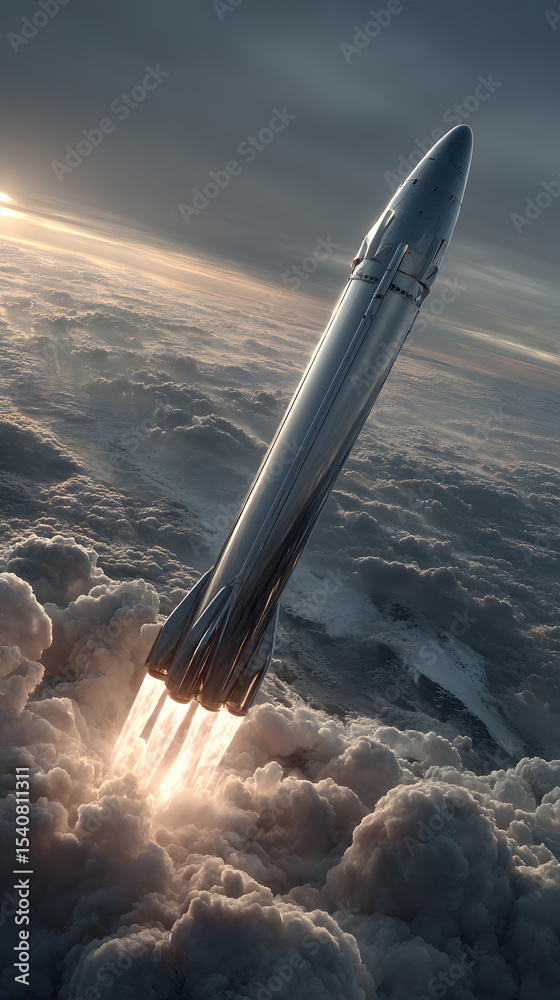 Naklejka premium Space tourism rocket launching mini-satellites into low Earth orbit with vibrant cloud illumination and ocean view for aerospace innovation marketing