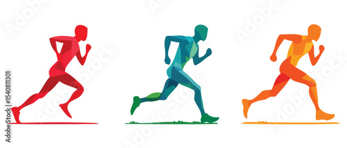 Set of three colorful silhouettes Runners on sprint, men on white background