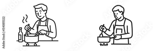 Cooking process of a chef preparing a meal in a kitchen setting in an illustrated style during the day with kitchen tools and ingredients