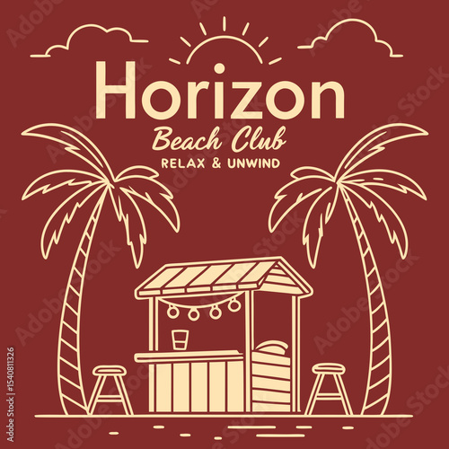 Relaxing Beach Club Scene with Palm Trees and Bar