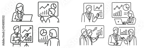 Business professionals analyzing data and presenting reports in a corporate office environment with graphs and charts