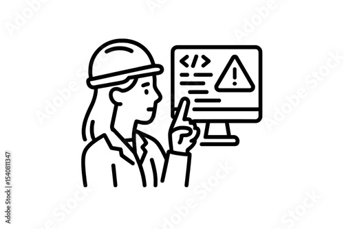 Engineer reviewing safety alert on computer while wearing helmet in a work environment