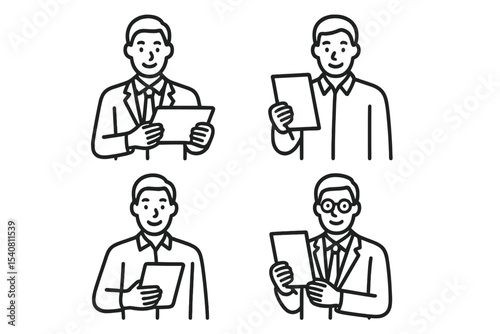 Multiple cartoon characters in formal attire holding documents, representing various professional scenarios