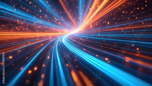 Futuristic digital illustration featuring blue, orange neon high-speed technology concept. Dynamic motion graphics, abstract background of cyberspace connectivity. Modern tech interface, web design,