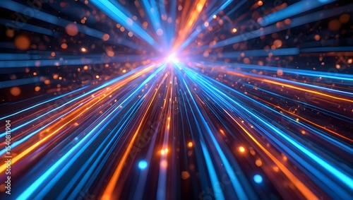 Futuristic digital illustration featuring blue, orange neon high-speed technology concept. Dynamic motion graphics, abstract background of cyberspace connectivity. Modern tech interface, web design,