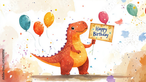 flat watercolor style illustration, attractive for children, cute dino holding a signboard with text 