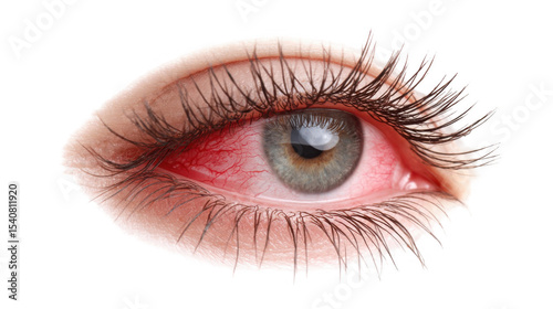 Red irritated eyelid with conjunctivitis, isolated on transparent background, showing inflammation and bloodshot eye, a common eye condition caused by allergies, infections, or irritants