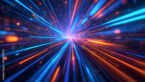 Futuristic digital illustration featuring blue, orange neon high-speed technology concept. Dynamic motion graphics, abstract background of cyberspace connectivity. Modern tech interface, web design,