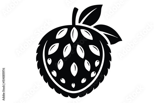 Black Pictorial Strawberry Icon with Leaves and Seeds Fruitful Image Element