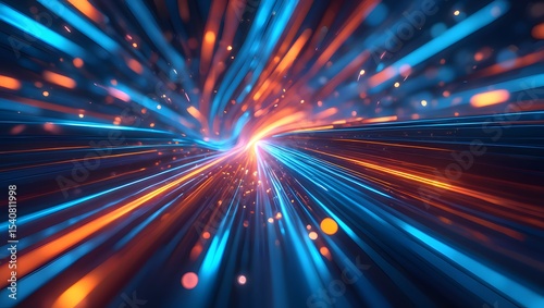 Futuristic digital illustration featuring blue, orange neon high-speed technology concept. Dynamic motion graphics, abstract background of cyberspace connectivity. Modern tech interface, web design,