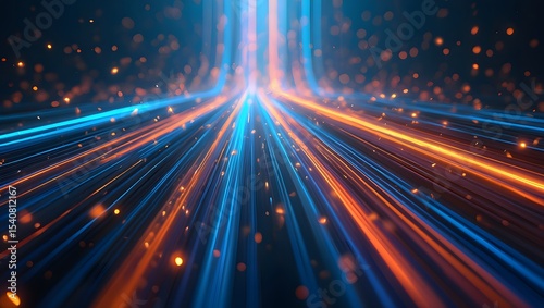Futuristic digital illustration featuring blue, orange neon high-speed technology concept. Dynamic motion graphics, abstract background of cyberspace connectivity. Modern tech interface, web design,