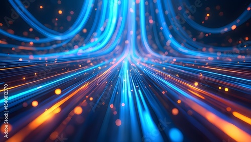 Futuristic digital illustration featuring blue, orange neon high-speed technology concept. Dynamic motion graphics, abstract background of cyberspace connectivity. Modern tech interface, web design,