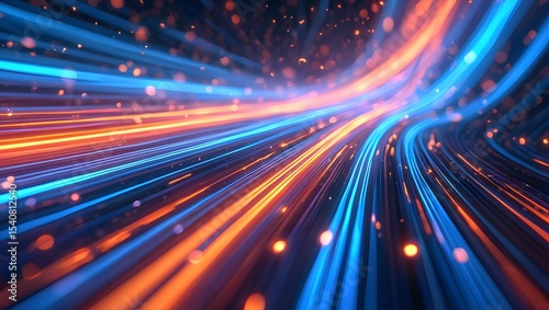 Futuristic digital illustration featuring blue, orange neon high-speed technology concept. Dynamic motion graphics, abstract background of cyberspace connectivity. Modern tech interface, web design,