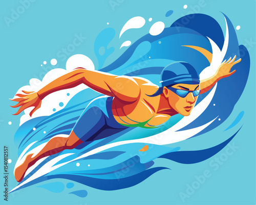 Active swimmer cutting through clear blue water with force swimming vector art design 
