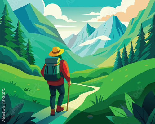 Adventurous backpacker hiking through lush green mountain vector art design 