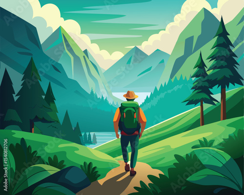 Adventurous backpacker hiking through lush green mountain vector art design 