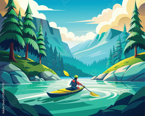 Adventurous kayaker paddling through crystal clear lake and beautiful valley vector art design 