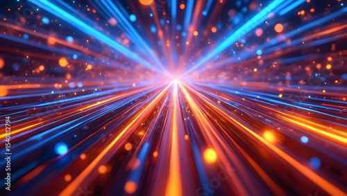 Futuristic digital illustration featuring blue, orange neon high-speed technology concept. Dynamic motion graphics, abstract background of cyberspace connectivity. Modern tech interface, web design,