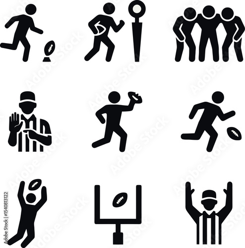 Football player actions with referee, goalpost, celebration and team huddle icons. Bold visuals for sports graphics.