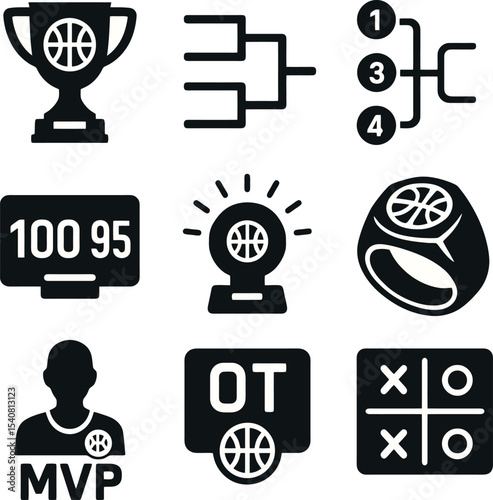 Championship basketball icon pack including MVP, trophy, scores, OT, tournament chart and ring. Clean black graphics.