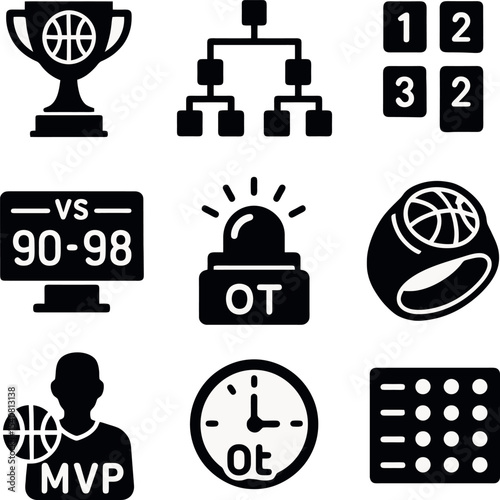 Championship scoreboard and MVP icon collection. Includes clock, trophy, bracket, buzzer and ring, ideal for basketball visuals.
