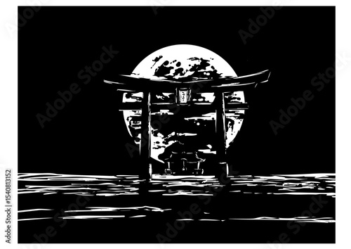 Moonlit Shrine – Torii and Temple in Sumi-e Ink