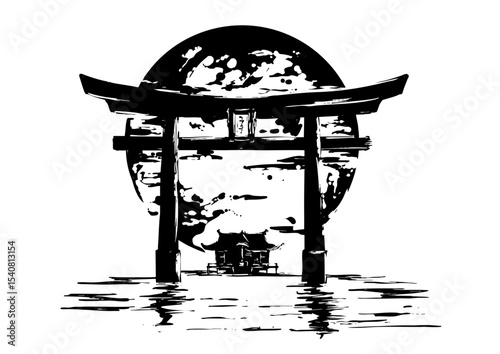 Moonlit Shrine – Torii and Temple in Sumi-e Ink